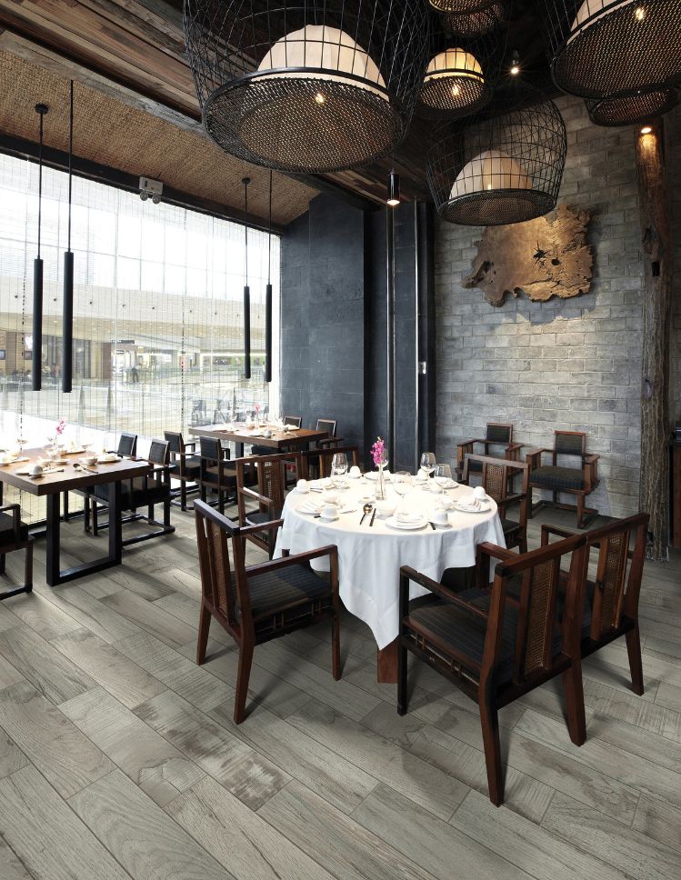 commercial wood look flooring in a restaurant dining room